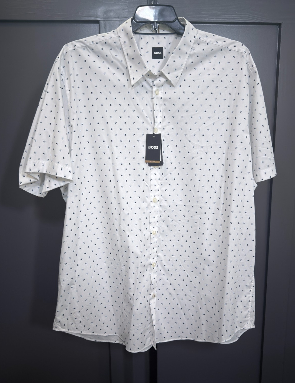 Hugo Boss Short Sleeve Shirt White Navy Wave Pattern XXXL Slim Fit $158 MSRP NWT
